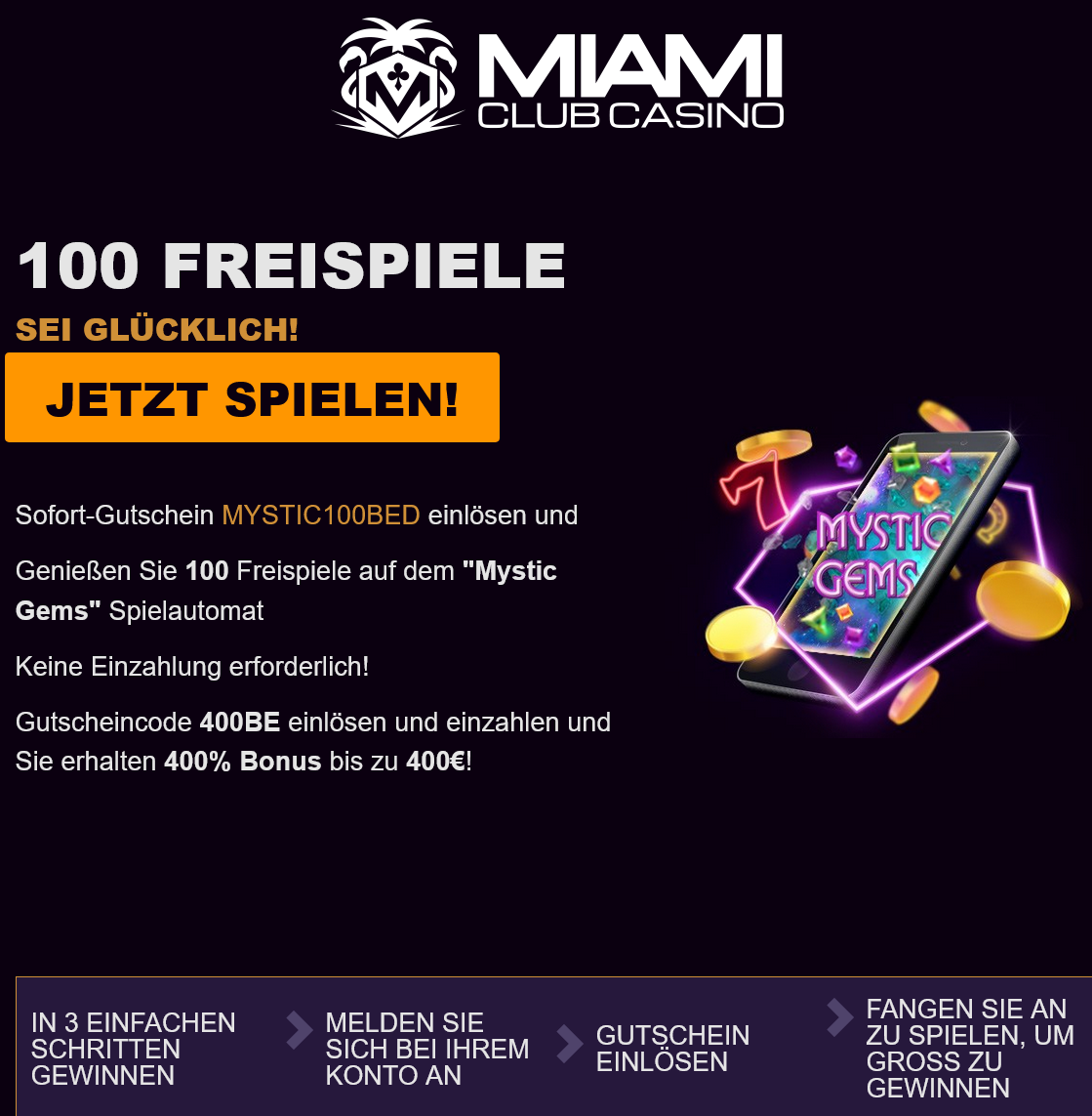 Miami Club 100 Free Spins
(German) Miami
Club 100 Free Spins (German)